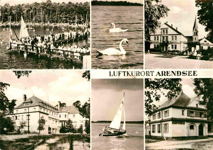 Arendsee Altmark Seebruecke Schwaene Kirche Segelboot Gasthaus