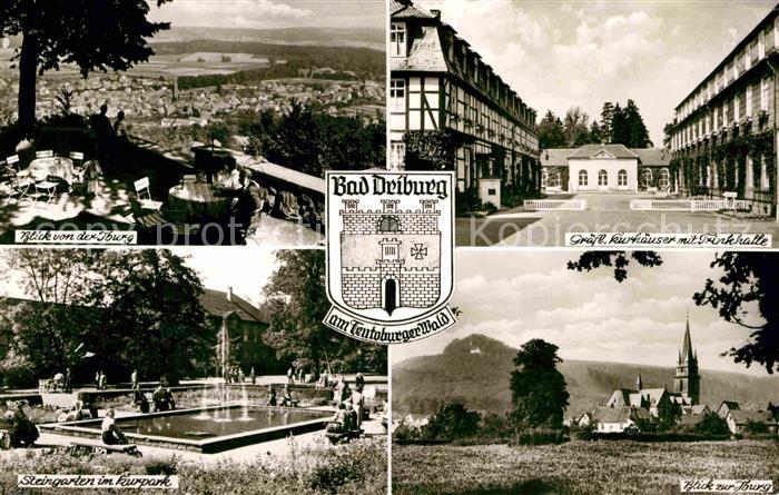 Bad Driburg Blick von Iburg Kurhaeuser mit Trinkhalle Burg Steingarten im Kurpar