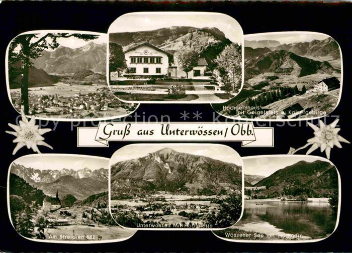 Unterwoessen Hochgernhaus mit Geigelstein und Kaisergebirge Woessener-See