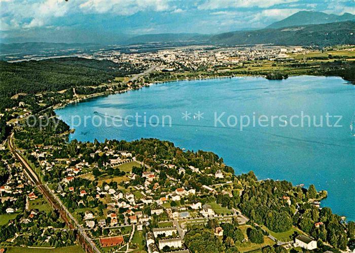 Krumpendorf Woerthersee Alpenseebad mit Blick auf Klagenfurt Fliegeraufnahme
