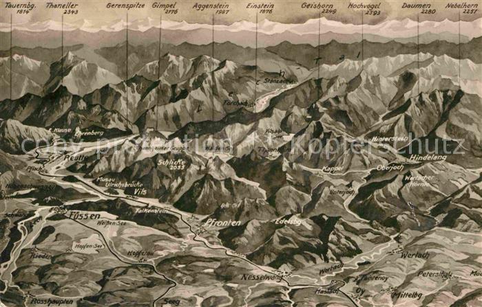 Fuessen Allgaeu und Pfronten mit Allgaeuer Alpen aus der Vogelperspektive Relief