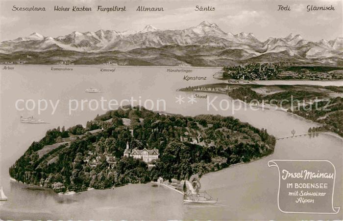 Insel Mainau aus der Vogelperspektive mit Schweizer Alpen