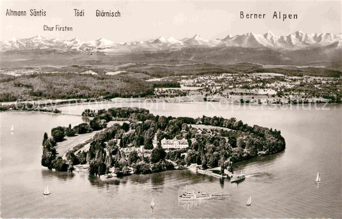 Insel Mainau aus der Vogelperspektive mit Schweizer Alpen