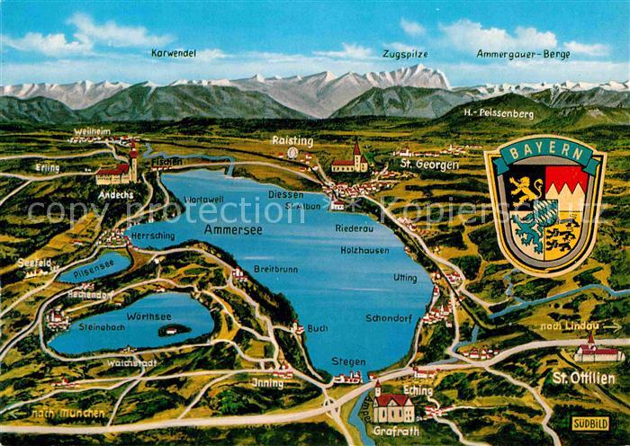 Ammersee mit Woerth und Pilsensee Panoramakarte