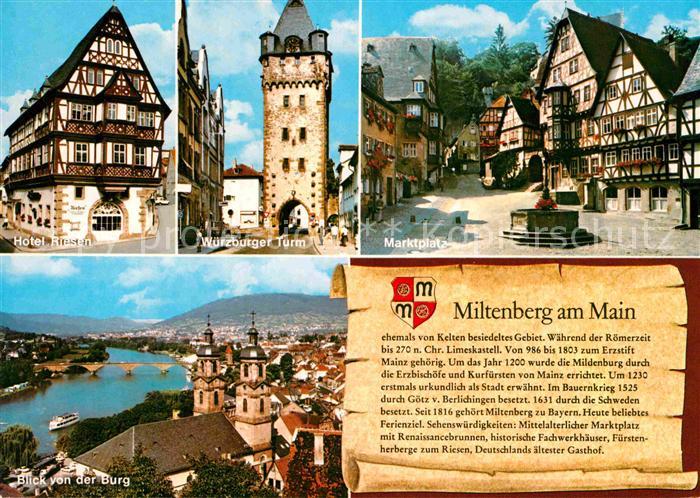 Miltenberg Main Hotel Riesen Wuerzburger-Turm Marktplatz Blick von der Burg auf