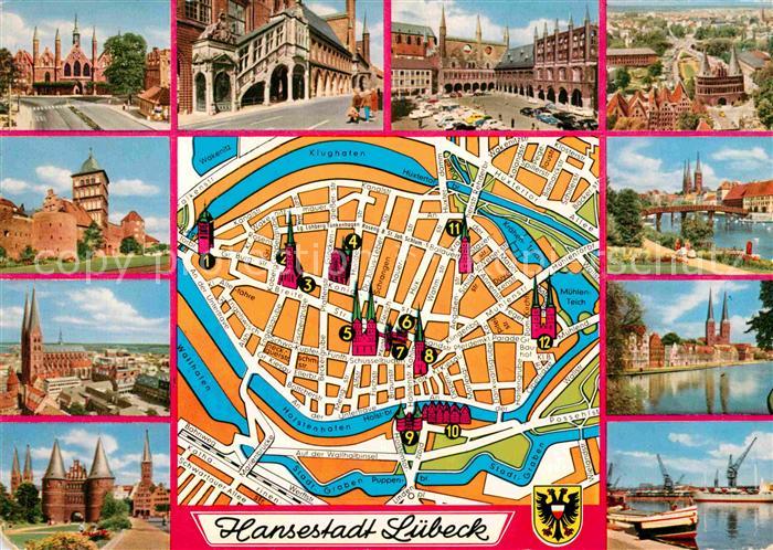 LueBECK  CITY Burgtor Kirchen Hauptpost Holstentor Salzspeicher Dom Lageplan