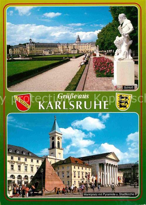 Karlsruhe Baden Marktplatz mit Pyramide und Stadtkirche Schloss