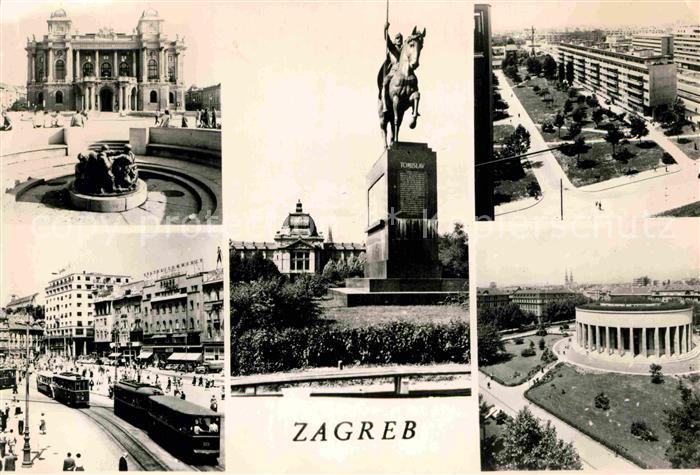Zagreb Teilansichten Brunnen Denkmal Reiterstandbild Strassenbahn
