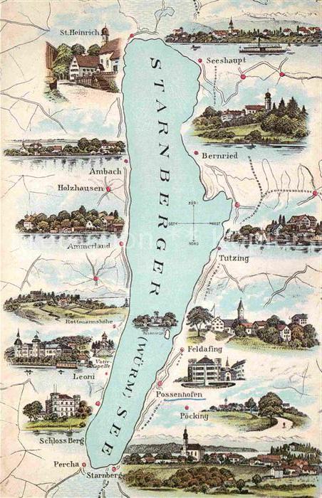 Starnbergersee und umliegende Ortschaften uebersichtskarte Nachdruck Historische