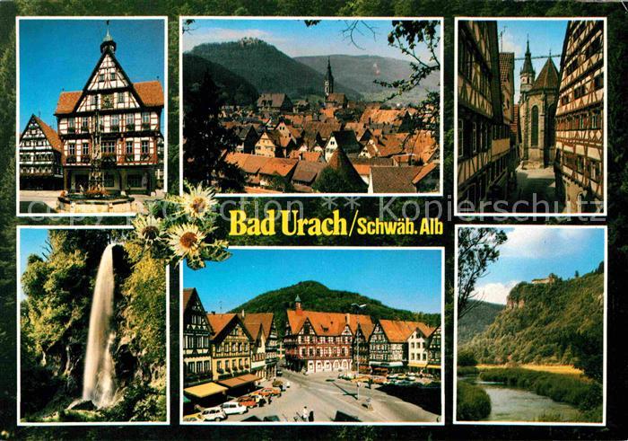 Bad Urach Teilansichten Thermalbad Schwaebische Alb Fachwerkhaeuser Wasserfall