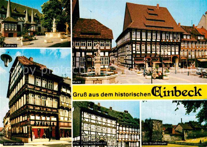 Einbeck Niedersachsen Rathaus Markt Brunnen Fachwerkhaeuser Spiegelhaus Stadtmau