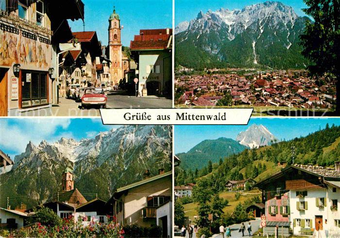 Mittenwald Bayern Gesamtansicht mit Alpenpanorama Alte Haeuser Fassadenmalerei K