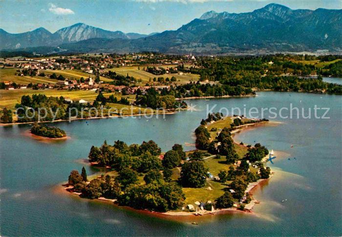 Seehausen Staffelsee mit Insel Buchau Alpenpanorama Fliegeraufnahme