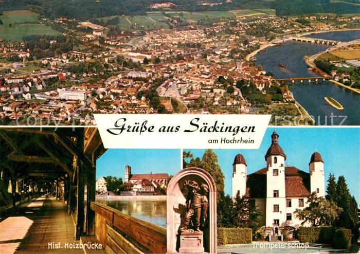 Bad Saeckingen am Hochrhein Fliegeraufnahme Historische Holzbruecke Trompetersch