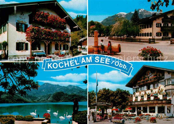 Kochel See Ortsmotiv Blumenschmuck Hotel Restaurant Platz Brunnen Alpenpanorama