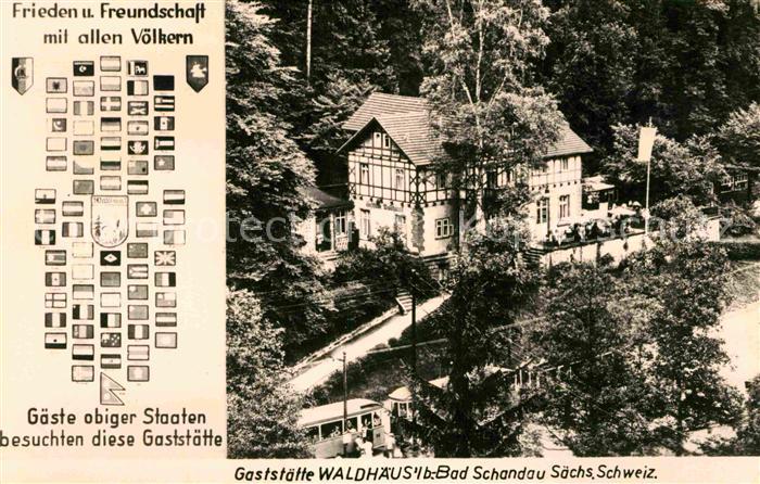 Bad Schandau Gaststaette Waldhaeus Nationalflaggen Handabzug