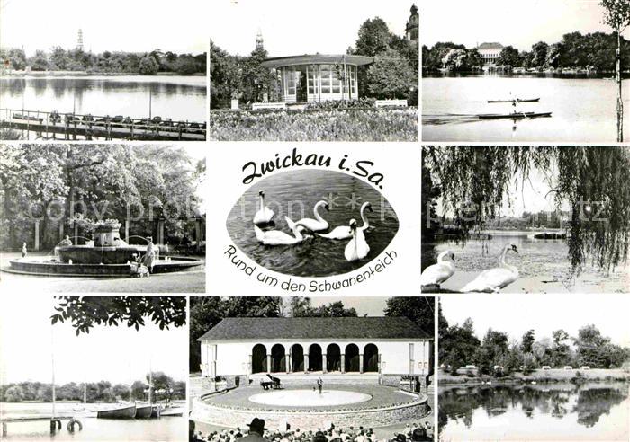 Zwickau Sachsen Rund um den Schwanenteich Brunnen Pavillon Kanufahren Handabzug