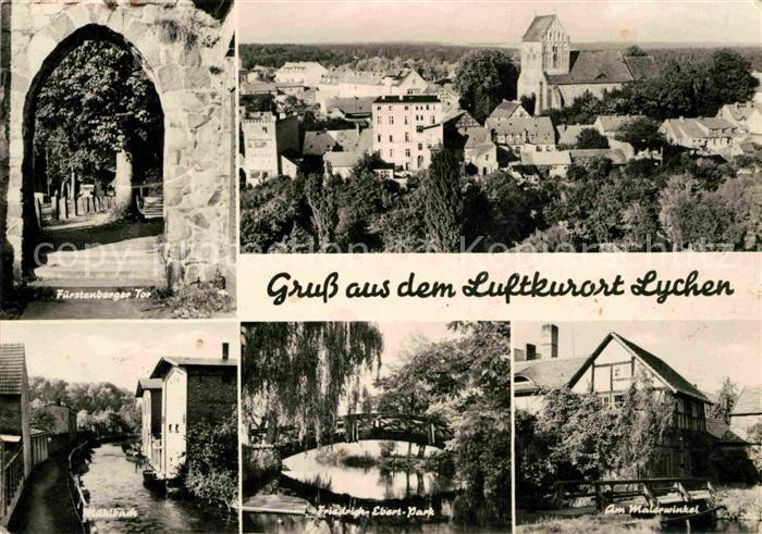 Lychen Ortsansicht mit Kirche Fuerstenberger Tor Muehlbach Friedrich Ebert Park