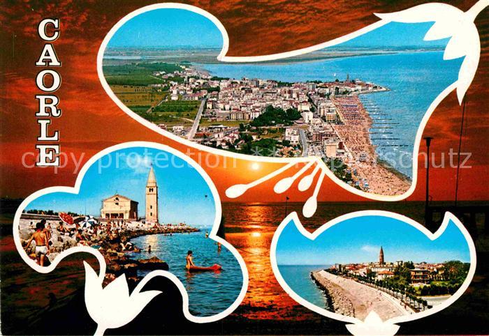 Caorle Venezia Strand Kueste Sonnenuntergang am Meer Fliegeraufnahme