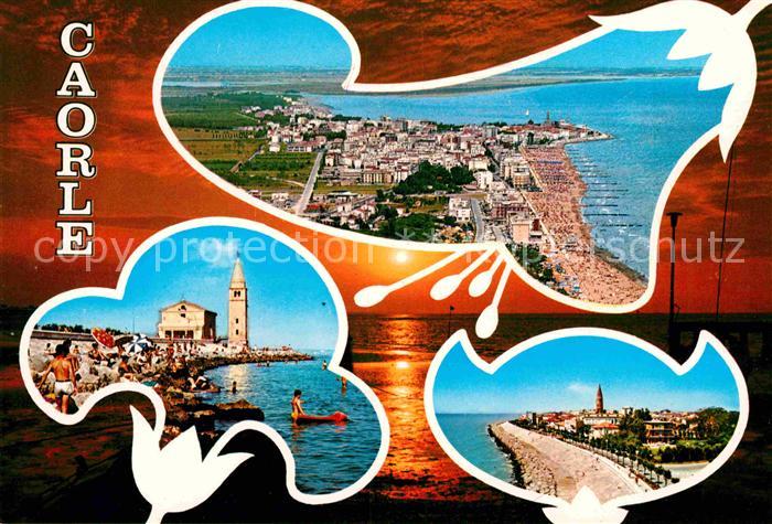 Caorle Venezia Strand Kueste Sonnenuntergang am Meer Fliegeraufnahme