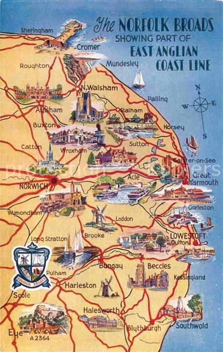 Norfolk Broads Map showing part of East Anglian Coast Line