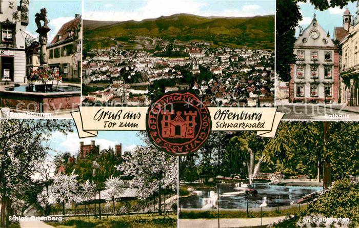 Offenburg Gesamtansicht Loewenbrunnen Rathaus Schloss Ortenberg Stadtgarten