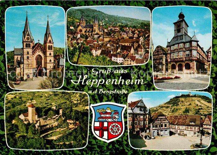 Heppenheim Bergstrasse Stadtbild mit Kirche Starkenburg Markt Fachwerkhaeuser Wa