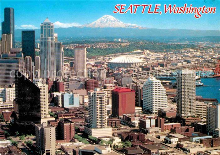 Seattle Aerial view with Elliot Bay and Mt Rainier