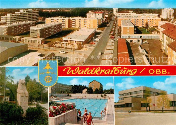 Waldkraiburg Wohnsiedlung Hochhaeuser Baer Statue Freibad Gebaeude