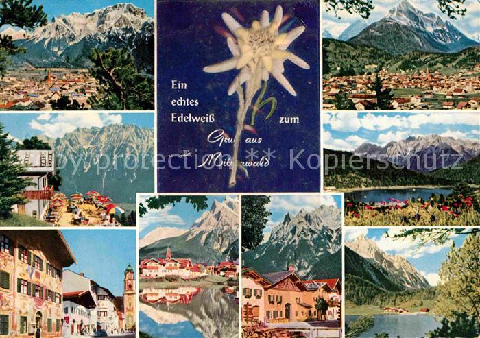 Mittenwald Bayern Teilansichten Alpenpanorama See Edelweiss Huber Postkarte Nr 8