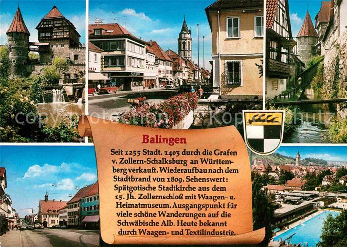 Balingen Zollernschloss Strassenpartie Kirche Bach Turm Freibad Geschichte
