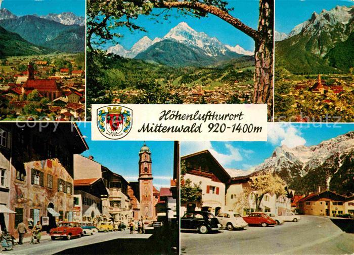 Mittenwald Bayern Gesamtansicht mit Alpenpanorama Ortspartie an der Kirche