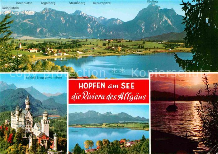 Hopfen See Panorama Riviera des Allgaeus Alpen Schloss Neuschwanstein Abendsonne