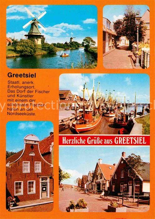 Greetsiel Wasserstrasse Windmuehle Teilansichten Hafen Fischkutter
