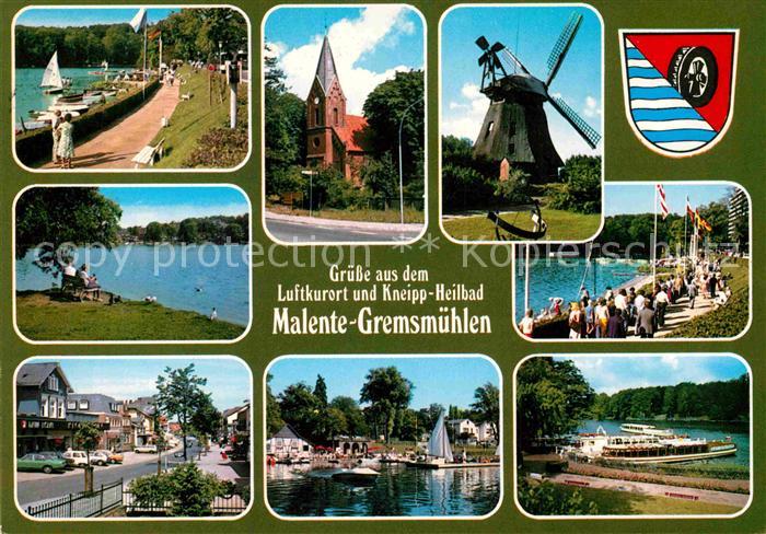 Malente-Gremsmuehlen Dieksee Promenade Kirche Windmuehle Bootsanleger Luftkurort