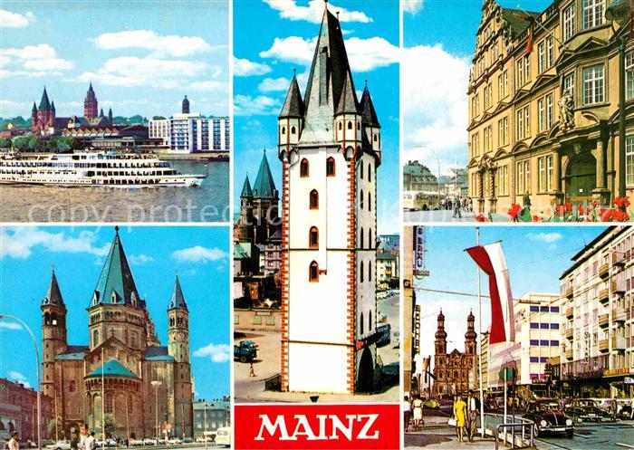 Mainz Rhein Rheinufer Dampfer Gutenbergmuseum Holzturm Dom Peterskirche