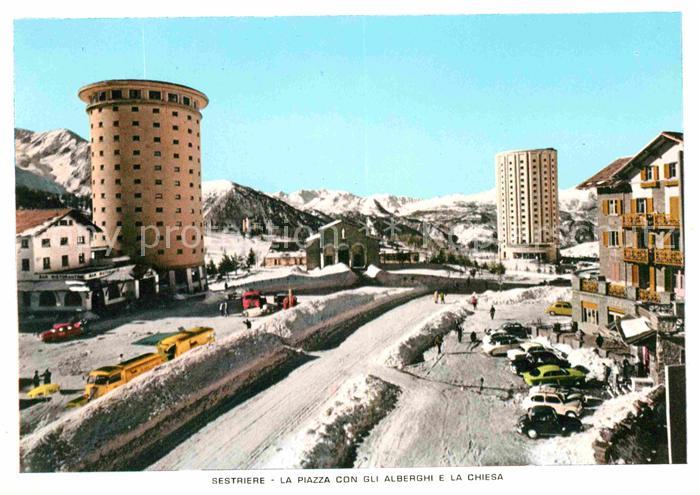 Sestriere La Piazza con Gli Alberghi e la Chiesa