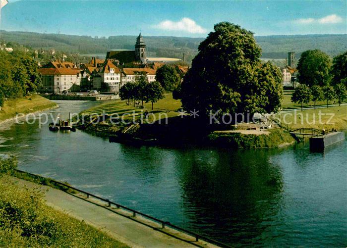 Hann. Muenden Zusammenfluss von Werra und Fulda Blick zur Kirche