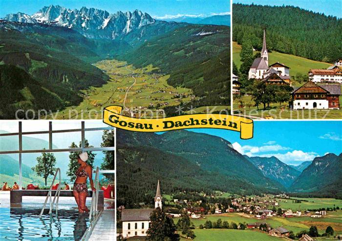 Gosau Oberoesterreich Panorama Dachsteingebirge Ortsansicht mit Kirche Hallenbad