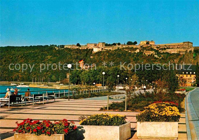 Koblenz Rhein Moselpromenade mit Festung Ehrenbreitstein