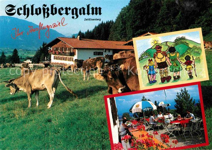 Zell Allgaeu Ausflugsziel Schlossberg Alm Kuehe Sonnenterrasse Wandern Karikatur