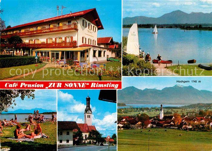 Rimsting Cafe Pension Zur Sonne Badestrand Segeln Gesamansicht mit Alpenpanorama