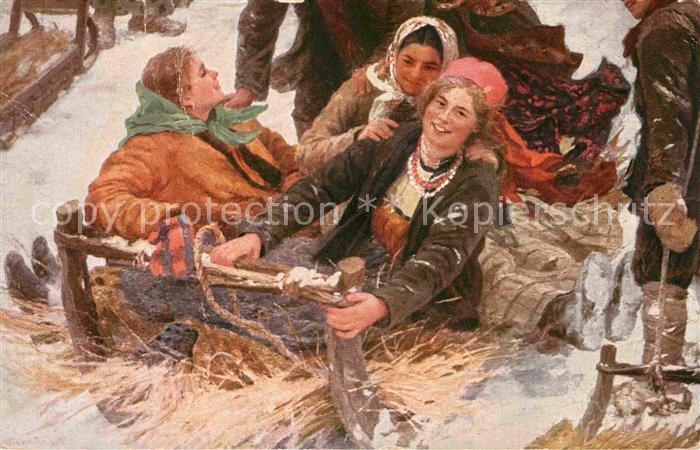 Kuenstlerkarte F. Sitschkoff Tolle Fahrt Schlitten