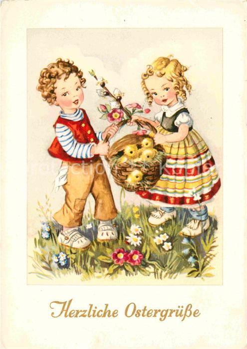 Ostern Easter Paques Kinder Kueken Blumen Weidenkaetzchen