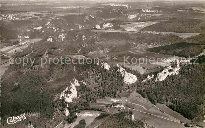 Donautal Fliegeraufnahme Schloss-Bronnen Camping Werenwag Wildenstein Beuron