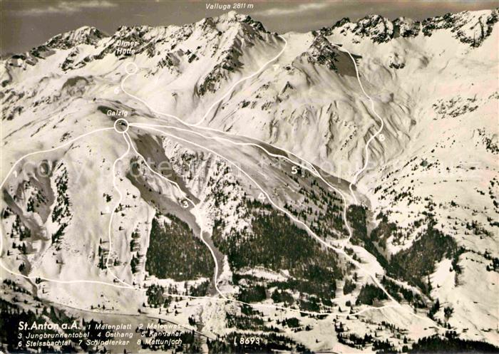 St Anton Arlberg Fliegeraufnahme Jungbrunnentobel Osthang Steissbachtal Skigebie