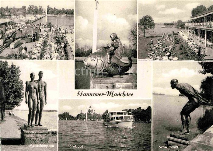 HANNOVER  CITY Maschsee Gaststaette Putte Strandbad Schwimmer Menschenpaar Statu