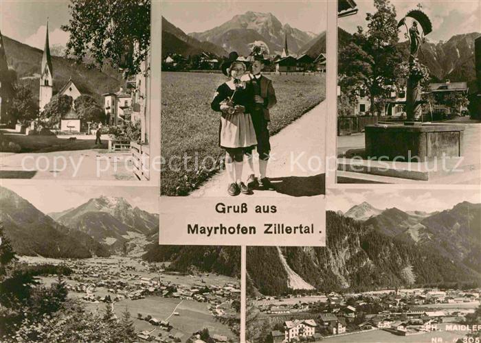 Mayrhofen Zillertal Ortspartie an der Kirche Brunnen Kinder Trachten Alpenpanora