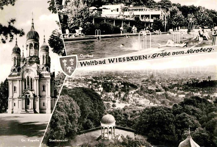 Wiesbaden Stadtansicht vom Neroberg Griechische Kapelle Opelbad Freibad