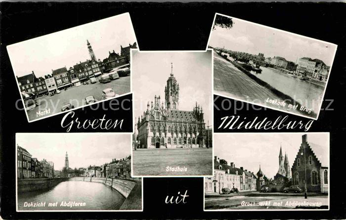 Middelburg Zeeland Markt Dokzicht met Abdijtoren Stadhuis Loskade met Brug Groen